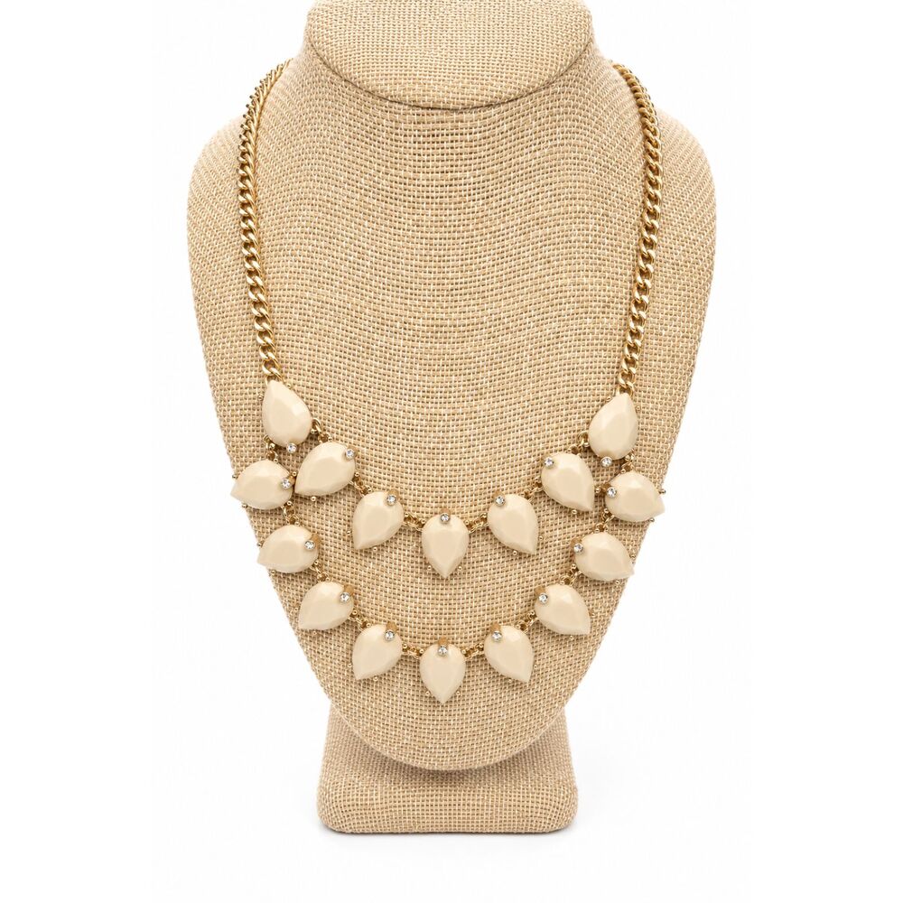 NEUTRAL STATEMENT NECKLACE Beige Cream Gold Tone Bib Rhinestone